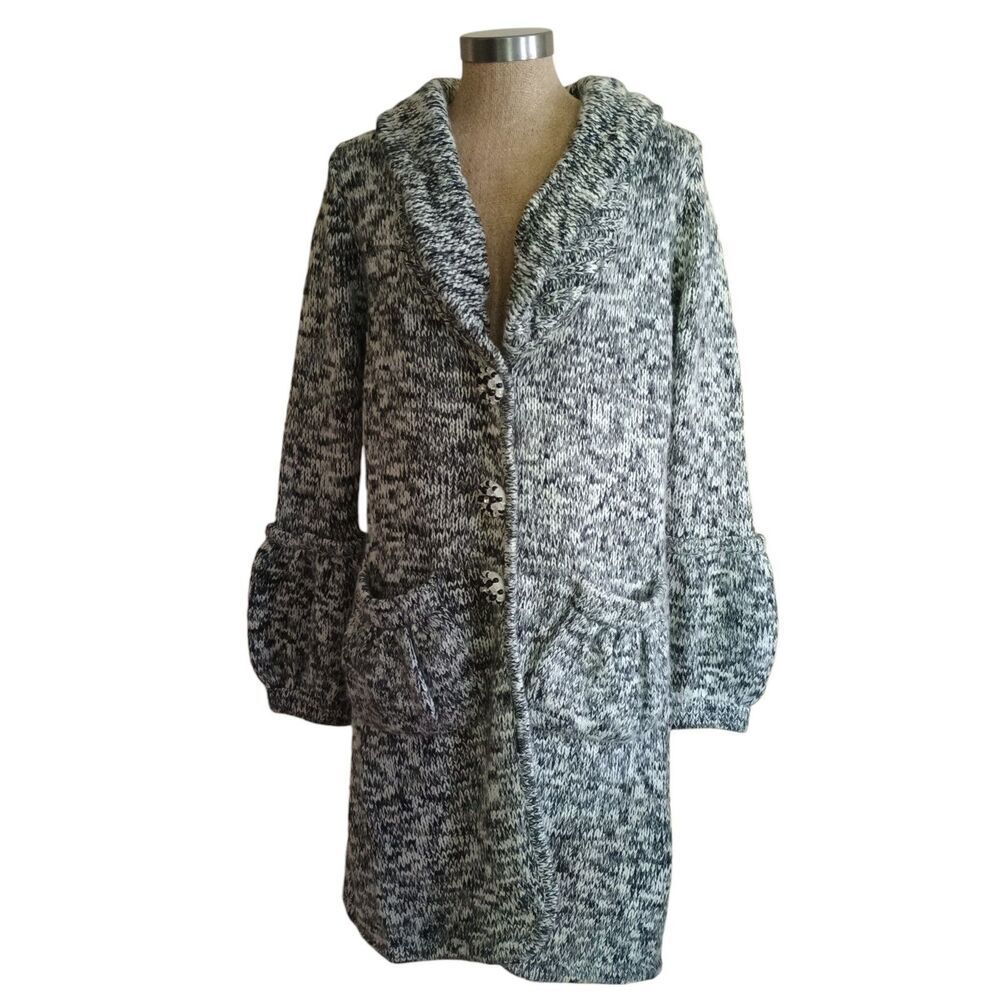 BCBG Max Azria Sweater Black White Marled Knit Fab Buttons Soft Size L